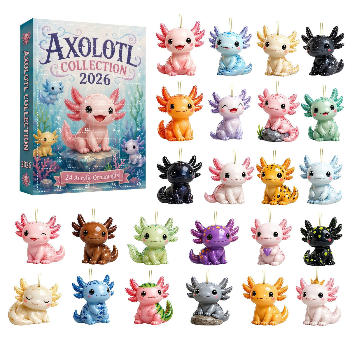 🩷 2026 Cute Axolotl Advent Calendar – 24 Surprise Acrylic Ornaments 🎁🎄