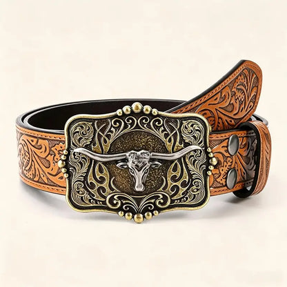 🤠🐂 Western Cowboy Belt 🌵 Removable Longhorn Buckle 🔥 Vintage Floral Design ✨