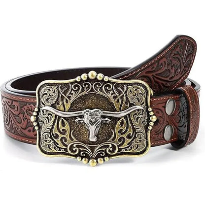 🤠🐂 Western Cowboy Belt 🌵 Removable Longhorn Buckle 🔥 Vintage Floral Design ✨