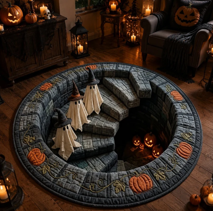 🎃 3D Optical Illusion Skeleton Vortex Quilted Round Halloween Rug