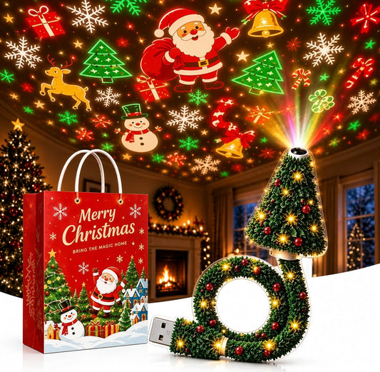 🎄 Christmas LED Projector Light ✨ | USB Plug & Play 🎅 6 Interchangeable Patterns ❄️ Cozy Holiday Room Decor 🎁