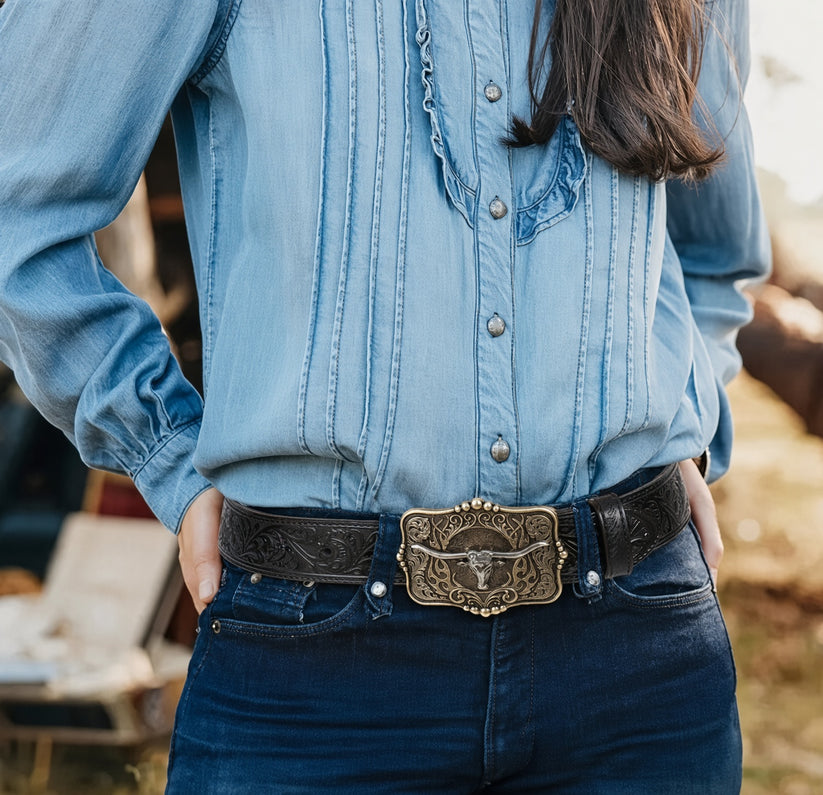 Black western belt styled with denim