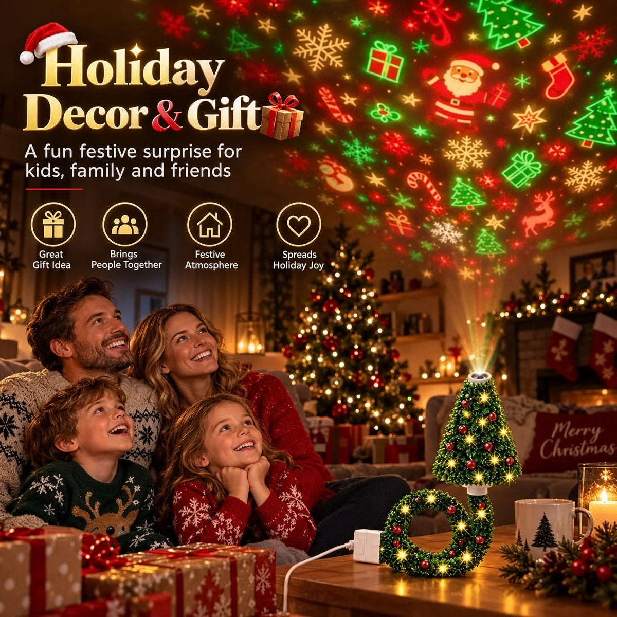 🎄 Christmas LED Projector Light ✨ | USB Plug & Play 🎅 6 Interchangeable Patterns ❄️ Cozy Holiday Room Decor 🎁