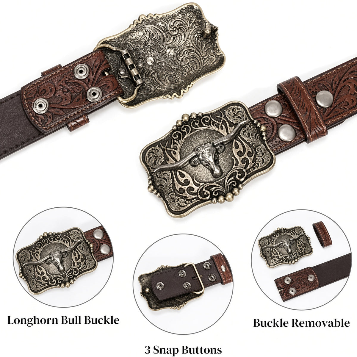 🤠🐂 Western Cowboy Belt 🌵 Removable Longhorn Buckle 🔥 Vintage Floral Design ✨