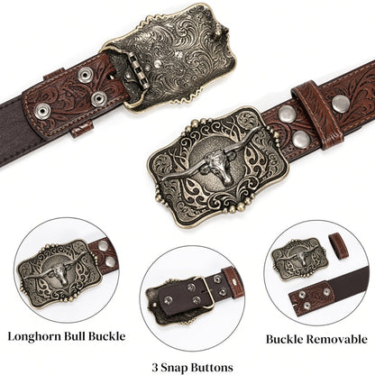 🤠🐂 Western Cowboy Belt 🌵 Removable Longhorn Buckle 🔥 Vintage Floral Design ✨